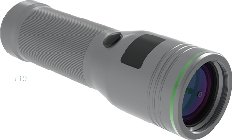 FlashLight 150 close-up showing green safety ring and purple laser lens